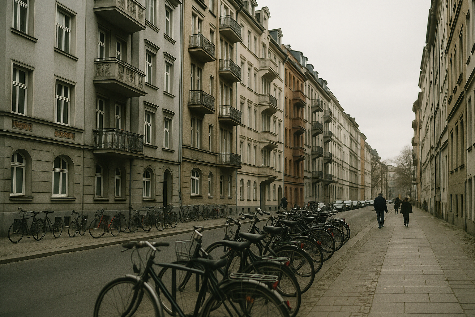 Altbau-Wohnhäuser in einer deutschen Stadtstraße an einem bewölkten Tag