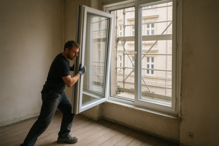 Einbau eines neuen Fensters mit Dreifachverglasung in einer leeren Altbauwohnung