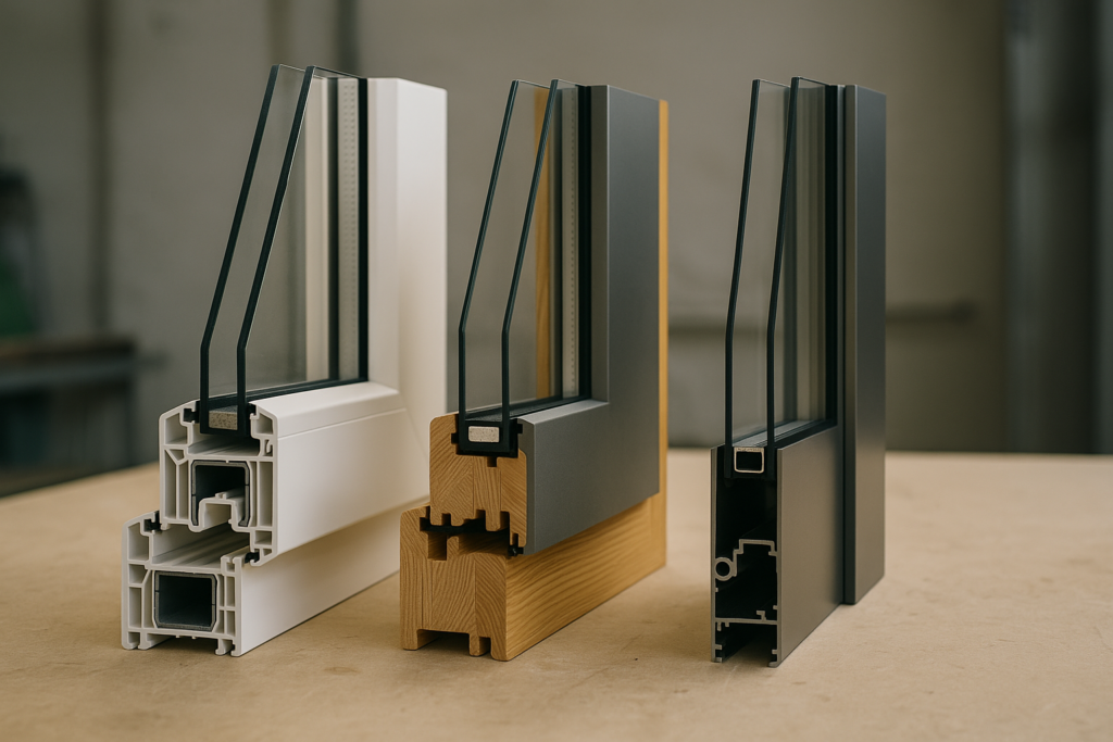 Rahmenquerschnitte aus Kunststoff, Holz-Aluminium und Aluminium nebeneinander