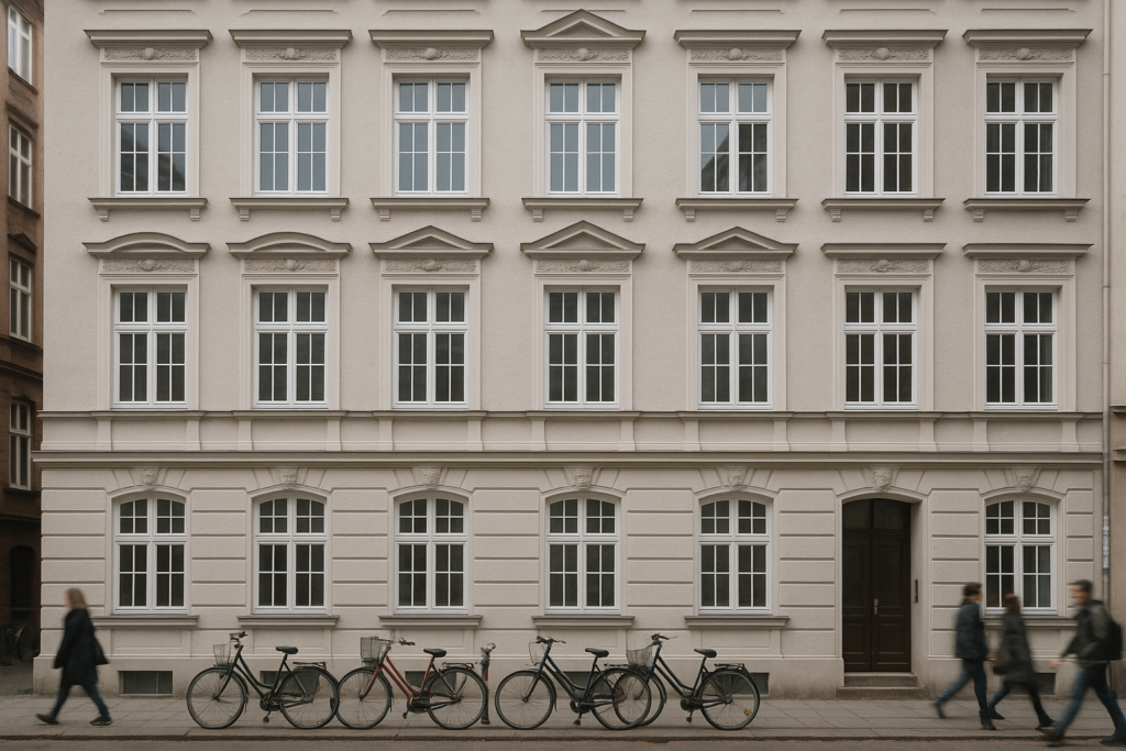 Sanierte Gründerzeitfassade mit neuen, sprossengeteilten Fenstern