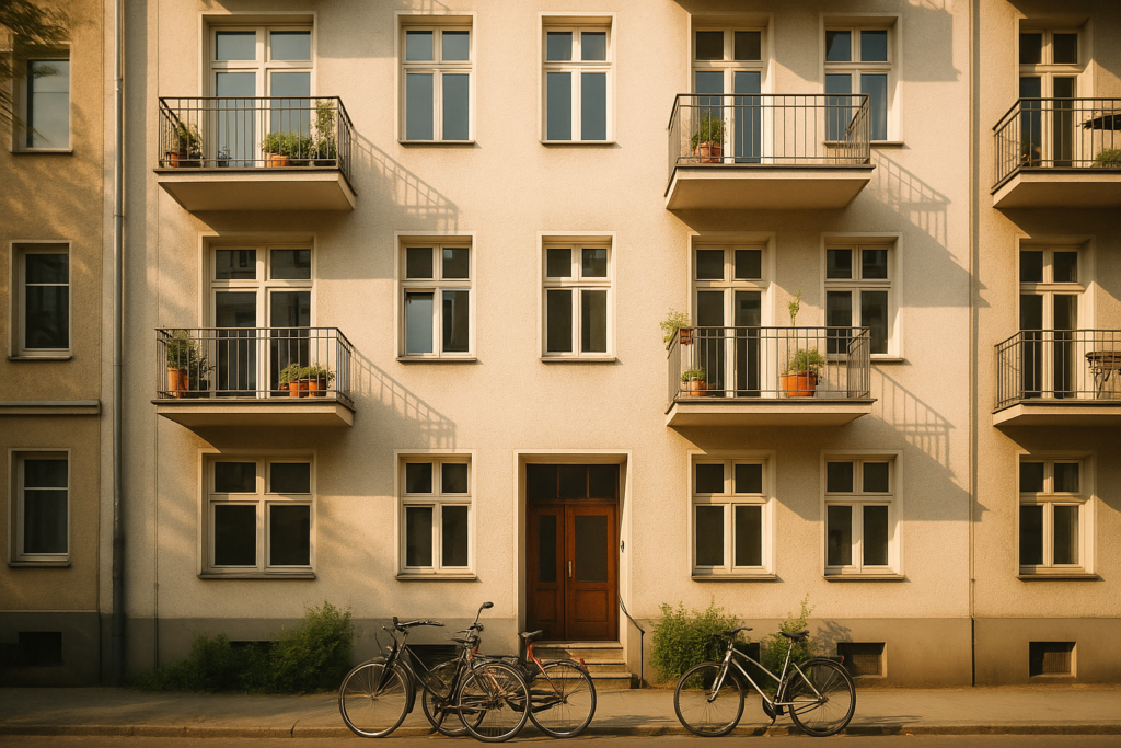 Fassade eines vermieteten Mehrfamilienhauses in einer deutschen Stadt