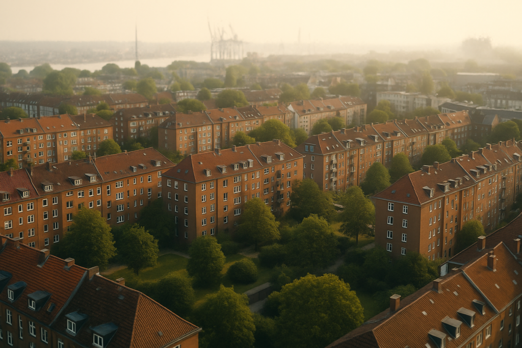 Luftbild eines Wohnviertels mit Backsteinhäusern in einer norddeutschen Großstadt